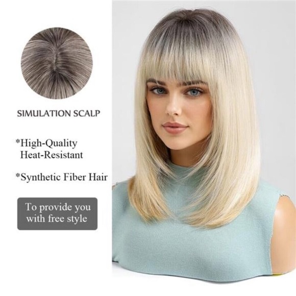 Ombre Blonde Bob Wig With Bangs Short Straight Wig For Women Synthetic Hair
